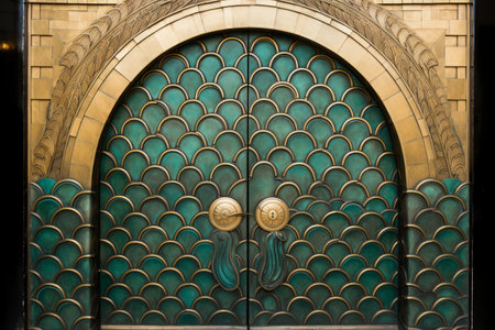 Gilded Splendor: Art Deco European Door adorned with Gold Fish Scale Ornaments from Madrid, Spainの素材