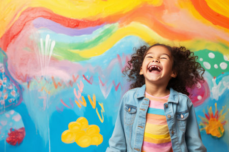 The Happy Little Artist: Unveiling the Vibrant Rainbow and Sky Mural - Exploring the Power of Play aの素材
