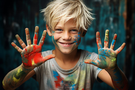 The Joyful Brushstrokes: A Portrait of a Beautiful Happy Boy with Painted Handsの素材