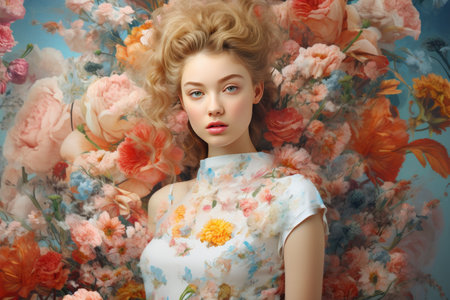 Blossoms of Elegance: A Captivating Art Collage of a Graceful Young Girl on an Abstract Floral Backdの素材