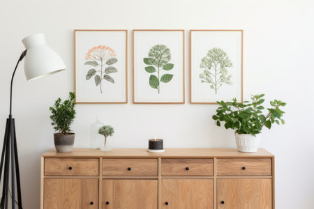 Bringing Nature Home: A Botanical Oasis in the Living Room with Beautiful Posters, White Cabinets, Wの素材