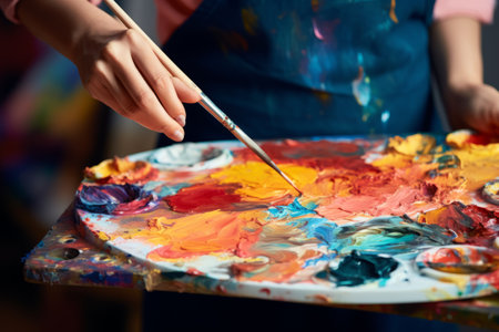 Artistic Mastery: Expertly Blending Colors on Palette with a Closeup of a Woman's Paintbrushの素材