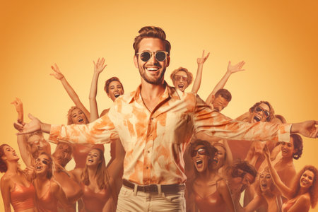 Quirky Pinup Pop Retro Sketch: 3D Collage of a Funky Guy Collecting Various Feedbacks against Beigeの素材