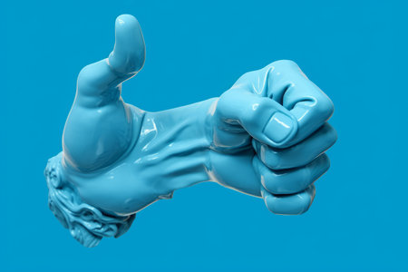 Pop Retro Pinup: A Collage of 3D Arm Image with Thumbs Up and Down on an Isolated Blue Painting Backの素材