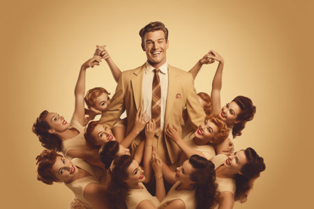 The Funky Pinup Pop: A 3D Collage of a Funny Guy Holding Multiple Feedbacks in a Retro Sketch Styleの素材