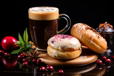 Savor the Perfect Pairing: Artful Latte and Wine-Infused Doughnuts with Irresistible Sugar and Cinnaの素材