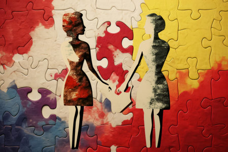 Retrospective Romance: A 3D Collage of Pinup Pop Hearts and Jigsaw Elements on a Painted Backgroundの素材