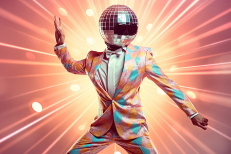 Vibrant Disco Fever: Captivating Collage of a Energetic Dancing Disco Ball Entertainer Immersed in Rの素材