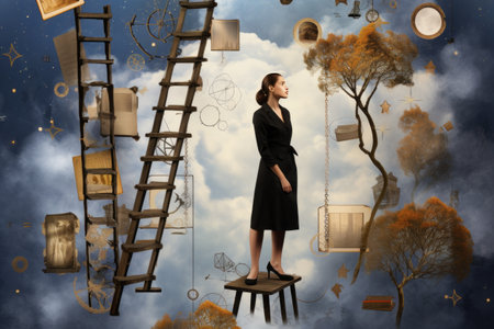 Climbing Success: Unlocking Career Opportunities with a Young Woman and a Career ladder in a Collageの素材