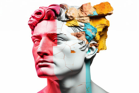 Collage of David's Head Replica, Statue, and Male Portrait: Exploring Modern Design and Bright Conceの素材