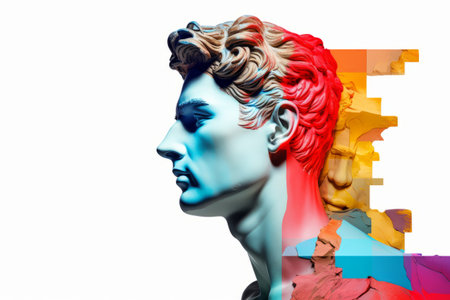 Creating Boundless Narratives: A Vibrant Contemporary Collage Featuring David's Head Replica, Statueの素材