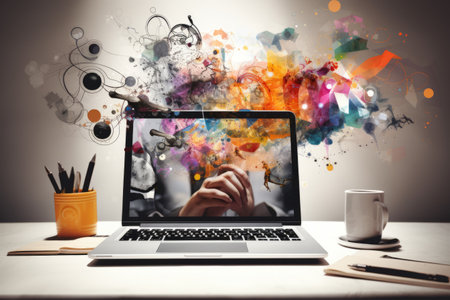 Hand, Diagram, and Laptop: A Collage of Modern Artistry Exploring Company Growth and Success Strategの素材