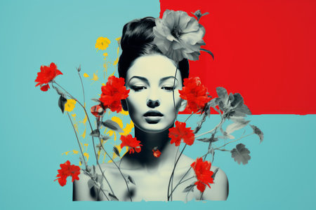 Captivating Composition: A Contemporary Art Collage featuring a Beautiful Young Girl, Vibrant Red anの素材