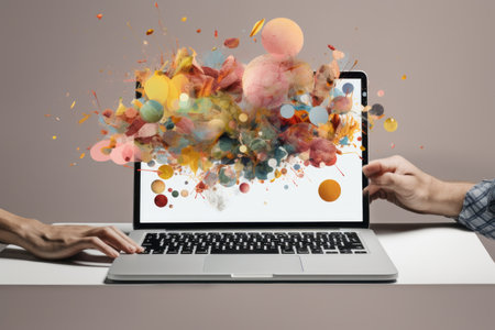 Exploring Boundaries: A Vibrant Collage of Hand, Diagram, and Laptop Depicting a Modern Art Compositの素材