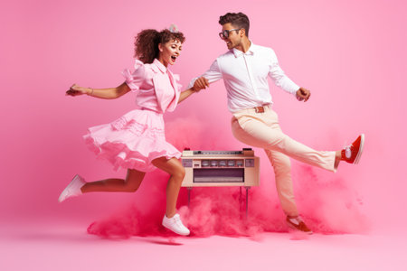 Retro Disco Vibes: Energetic Young Couple Dances to Vintage Beats in Stylish Art Collageの素材