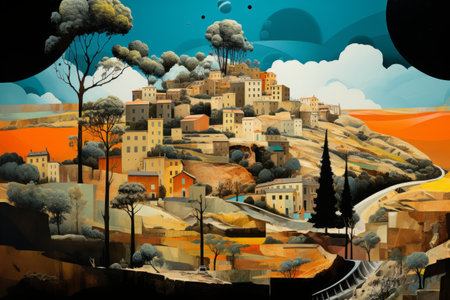 Urban vs. Natural: A Contemporary Art Collage Blending Town and Nature Landscapesの素材