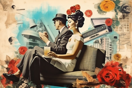 Serious Serenity: A Retro-Inspired Contemporary Art Collage of a Beautiful Young Couple on a Bored Pの素材