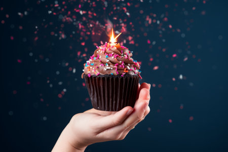 A Sweet Celebration: A Contemporary Art Collage Combining Hand, Cupcake, and Candle for a Festive Biの素材