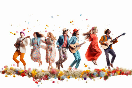 A Celebration of Youthful Expression: Vibrant Collage of Stylish Hippies Dancing on a Moonlit Stage,の素材