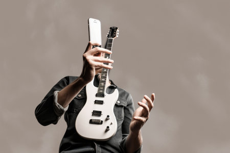 Harmonious Melody: Captivating Collage of Monochrome Hands, Smartphone Photography, and Musical Notiの素材