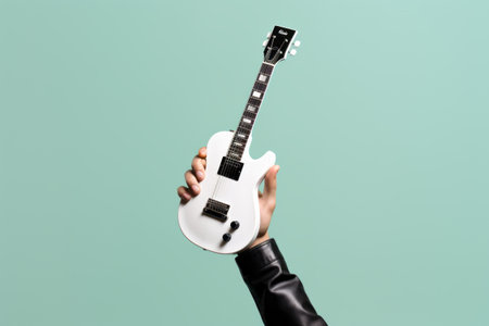 Artistically Captured: Miniature Guitarist in Monochrome Collage, Engrossed in Smartphone Notificatiの素材