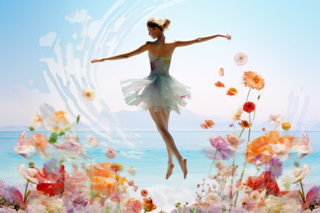 Summertime Symphony: Unveiling the Graceful Ballet Dancer Amidst a Vibrant Floral Splendorの素材