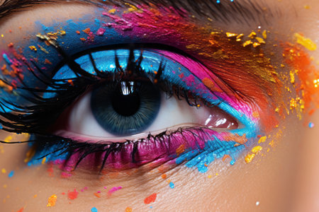 Splashes of Color: Captivating Female Eye. A Beautiful, Fashionable Model Embracing Creative Art Makの素材
