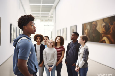Empowered Teens Embrace Contemporary Art: A Journey through the Museum with a Passionate Black Womanの素材