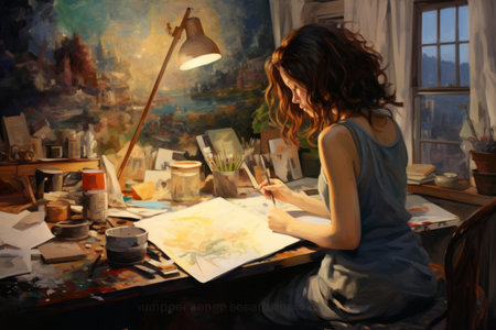 Exploring Boundless Creativity: A Fine Art Student Masterfully Painting in Her Serene Roomの素材