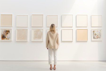 Captivating Artistry: Exploring a Modern Gallery Exhibition with an Elegant Woman Absorbed in Creatiの素材