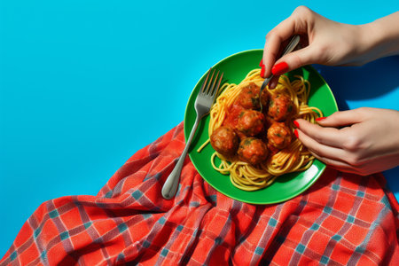 A Delectable Encounter: Retro Food Pop Art Photography with Spaghetti and Meatballs, Set in a Vintagの素材