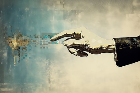 Reaching Towards the Future: A Digital Collage of Hand, Pointer Finger, and Loading Iconの素材