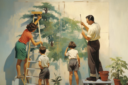 Family Bonding: A High Angle View of their Artistic Endeavor at Homeの素材