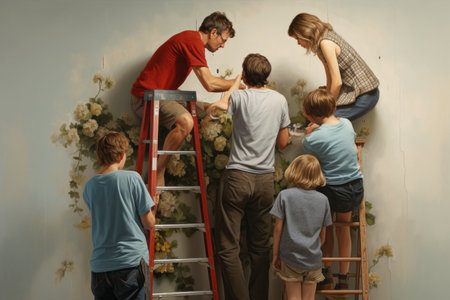 Unbreakable Bonds: A Heartwarming Moment of Family Unity as They Hang a Painting Togetherの素材