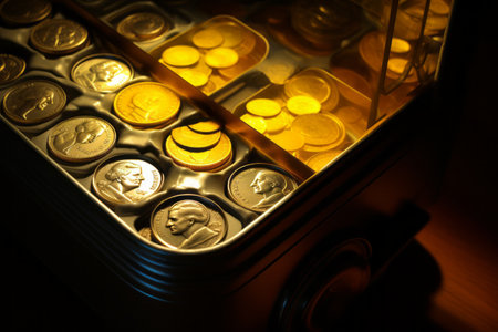 Glowing Gold: Illuminated Quarters in a Slot Machine Trayの素材