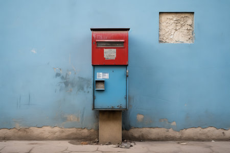 Vibrant Red & Blue Public Mailbox Adorns the Wall of a Buildingの素材