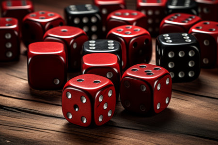 Striking Contrast: Fascinating Red and Black Dice Cubes against a Rustic Wooden Backgroundの素材