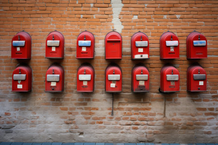 The Vibrant Red Mailboxes Adorning an Italian Post Office Wallの素材