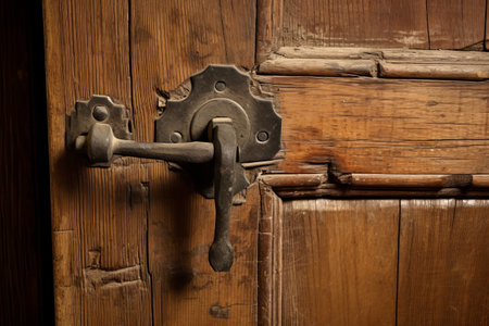 Reviving Heritage: Disassembling the Slotted Screw and Handle from an Antique Wooden Cupboard Door fの素材