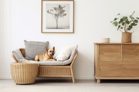 Aesthetic Scandinavian Living Room: Stylish Design with Wooden Commode, Rattan Basket, Elegant Accesの素材