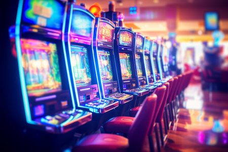 Immersive Atmosphere: Blurred Slot Machines Set the Stage in a Casinoの素材