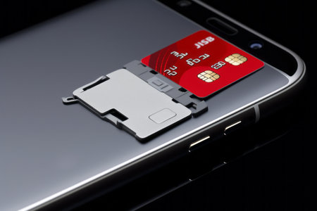 Enhanced Connectivity and Multifunctionality: A Close-Up of Smartphone with Dual Nano SIM Card Slots, Micro SD Drive, and Metal Key on Sleek Grey Backgroundの素材