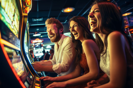 Joyful Gamblers Spinning Fortune's Wheel: Smiling Faces at the Casino's Slot Machinesの素材