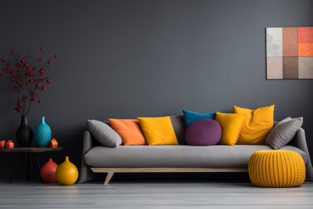 Inviting and Stylish: A Spacious Cozy Grey Living Room with a Bright Wooden Floor and Vibrant Sofa Pの素材