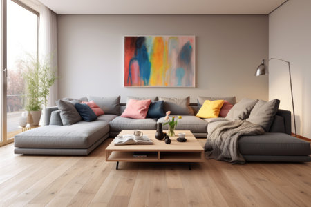 Aesthetic Harmony: The Spacious Cozy Grey Living Room with Wooden Bright Floor and Vibrant Sofa Pillowsの素材