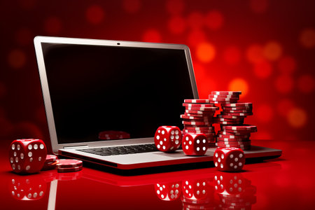 Gambling in the Digital Age: The Allure of Poker Online - Stacks of Chips, Dices, and Laptops on a Bold Red Backgroundの素材