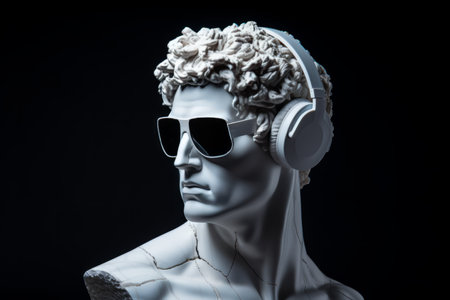 Pixelated Minimalism: The Creative Isolation of David's Head Statue in Pixel Glasses and Earphonesの素材