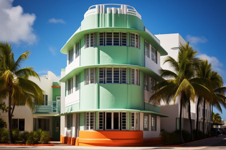Vibrant Art Deco Oasis: Miami Beach's Striking Green and Orange Buildingの素材