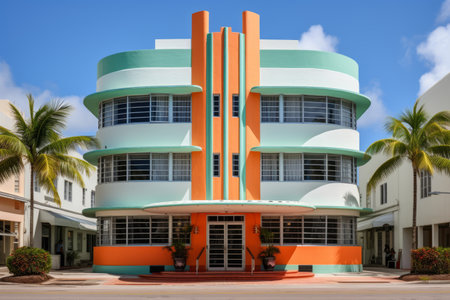 Vibrant Oasis: Exploring Miami Beach's Striking Green and Orange Art Deco Buildingの素材