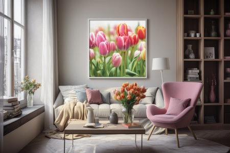 Enchanting Easter Elegance: A Stylish Living Room with Tulip Flowers and Decorの素材